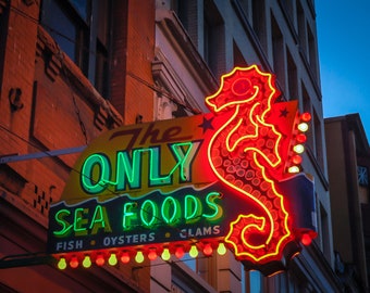 Famoso letrero de neon only seafood en Vancouver BC, Canadá, letreros de neón vintage, monumentos de Vancouver - Impresiones de fotografía de bellas artes, lienzo, metal