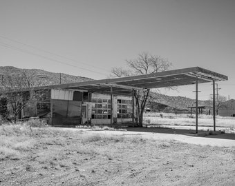 Old Derelict Abandoned Gas Station Garage In The Scorching California Desert - Black & White Fine Art Photography Prints, Canvas, Metal