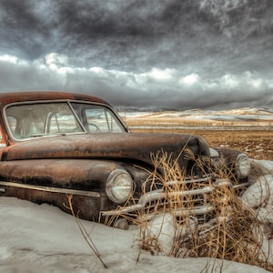 Rusty Old Classic Dodge In A Wintery Rural Prairie Field, Vintage Classic Car Automotive Art - Fine Art Photography Prints, Canvas, Metal