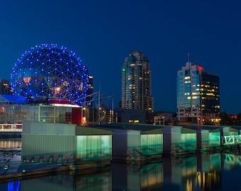 Landmark Science World Building And Boathouses In Vancouver BC Canada At Night From False Creek - Fine Art Photography Prints, Canvas, Metal