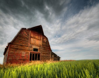 Old Weathered Red Barn Abandoned In A Lush Green Rural Countryside Field, Moody Rural Photo Art - Fine Art Photography Prints, Canvas, Metal