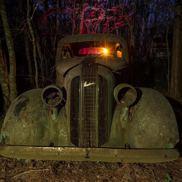 Spooky Wrecked Abandoned Rusty Antique Classic 30s Era Pontiac At Night, Light Painted Night Art -Fine Art Photography Prints, Canvas, Metal