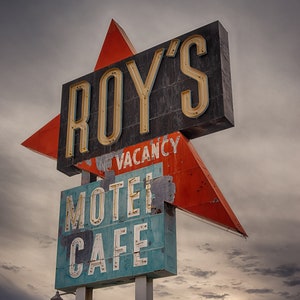 Iconic Roys Cafe and Motel On Historic Route 66, Amboy California, Classic Retro Sign Landmark  - Fine Art Photography Prints, Canvas, Metal