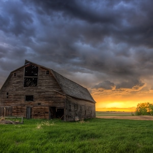 Old Weathered Red Barn Abandoned In A Rural Countryside Field At Sunset, Moody Rural Photo Art - Fine Art Photography Prints, Canvas, Metal