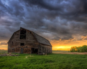 Old Weathered Red Barn Abandoned In A Rural Countryside Field At Sunset, Moody Rural Photo Art - Fine Art Photography Prints, Canvas, Metal