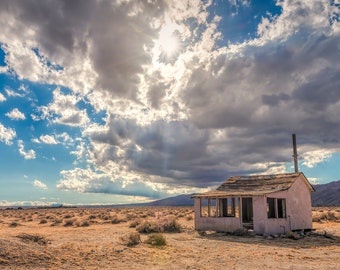 Old Abandoned Derelict Shack Alone In The Flat Open Desolate Mojave Desert Of California - Rural Fine Art Photography Prints, Canvas, Metal