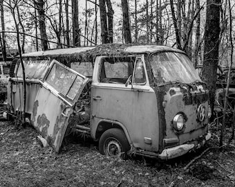 Abandoned VW Hippy Van Falls Apart In A Forest Junkyard , Black & White Abandoned Volkswagen Bus- Fine Art Photography Prints, Canvas, Metal
