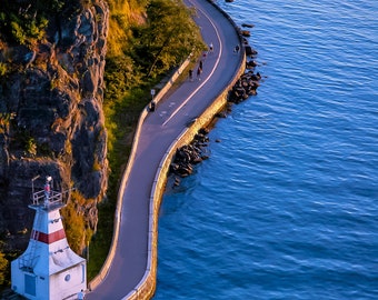 Prospect Point Lighthouse and Vancouver Seawall At Sunset, Vancouver City, BC Canada Landmarks - Fine Art Photography Prints, Canvas, Metal