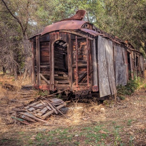 Dilapidated Old Abandoned Vintage Red Train Caboose In Railtown 1897 In Jamestown California - Fine Art Photography Prints, Canvas, Metal
