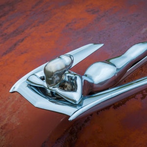 Nash Metropolitan &#39;Flying Lady&#39; Hood Ornament On A Rusty Red Hood, Vintage Car Automotive Art - Fine Art Photography Prints, Canvas, Metal