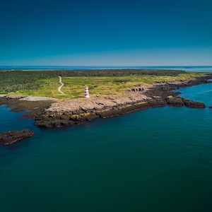 Aerial View Of Briar Island Lighthouse And The Atlantic Ocean From Digby Neck In Nova Scotia - Fine Art Photography Prints, Canvas, Metal