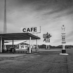 Iconic Roys Cafe and Motel On Historic Route 66 In Amboy California, Classic Black & White Art  - Fine Art Photography Prints, Canvas, Metal