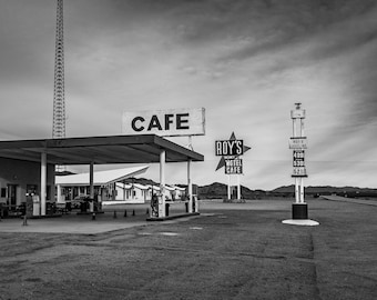 Iconic Roys Cafe and Motel On Historic Route 66 In Amboy California, Classic Black & White Art  - Fine Art Photography Prints, Canvas, Metal