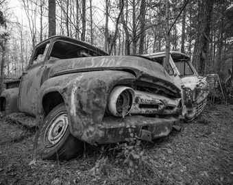 Abandoned Ford Pick-up Falls Apart In A Forest Junkyard , Black & White Abandoned Ford Pickup - Fine Art Photography Prints, Canvas, Metal