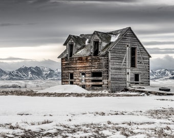 Old Abandoned Farmhouse On A Winters Day, Snow Scene Of Rustic Home Against Canadian Rockies - Fine Art Photography Prints, Canvas, Metal