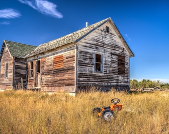 Child's Toy Tractor Beside Dilapidated Old Abandoned House In Rural Alberta Canada Countryside - Fine Art Photography Prints, Canvas, Metal