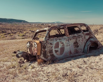 Rusty Abandoned Vintage Antique Car Rusting Away In The Nevada Desert, Derelict Rusty Car Art - Fine Art Photography Prints, Canvas, Metal