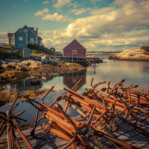 Scenic View Of Buildings In Peggy's Cove Nova Scotia With Small Rusty Trap Anchors On The Dock Fine Art Photography Prints, Canvas, Metal image 1