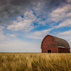 Small Old Weathered Red Barn Abandoned In A Rural Prairie Country Field, Moody Rural Photo Art - Fine Art Photography Prints, Canvas, Metal
