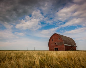 Small Old Weathered Red Barn Abandoned In A Rural Prairie Country Field, Moody Rural Photo Art - Fine Art Photography Prints, Canvas, Metal