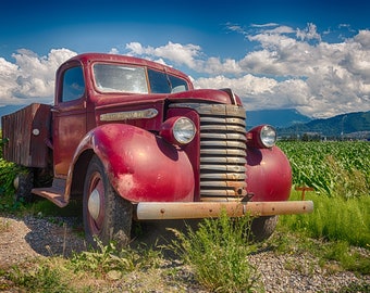 Retired Vintage Classic Red GMC Farm Truck Resting In A Field In The Fraser Valley Of BC, Canada -Fine Art Photography Prints, Canvas, Metal