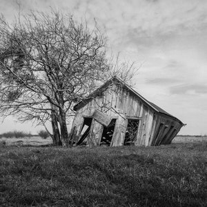 Rustic Derelict Abandoned Leaning Farm Shack In Rural Texas, Abandoned America - Black & White Fine Art Photography Prints, Canvas, Metal
