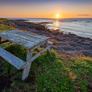 A Weathered Picnic Table At Sunset Overlooking The Atlantic Ocean, Beautiful Sunset Photos - Fine Art Photography Prints, Canvas, Metal