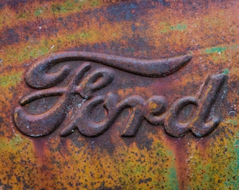 Close Up Textures Of The Retro Ford Font And Logo On A Rusty Old Abandoned Vintage Work Truck - Fine Art Photography Prints, Canvas, Metal