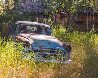 Rusty Vintage Abandoned Classic Car Resting In The Remains Of A Logging Camp, Rural BC Canada - Fine Art Photography Prints, Canvas, Metal