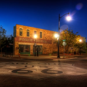 Night Photo of The Corner In Winslow Arizona Dedicated To The Eagles Rock Band, Route 66 Landmark - Art Photography Prints, Canvas, Metal
