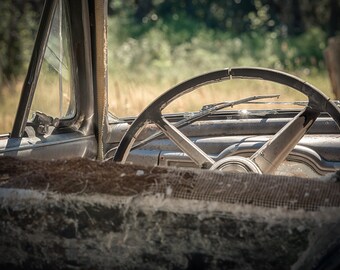 Interior Of An Antique Rusty Vintage Abandoned Classic Car Found In The Rural Country Field  - Fine Art Photography Prints, Canvas, Metal