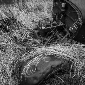 CloseUp Of A Rusty Old Abandoned Vintage Classic Car Engine Overgrown In Weeds In Black & White - Fine Art Photography Prints, Canvas, Metal