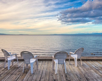 Four Chairs Sit On A Wooden Deck Overlooking A Beautiful West Coast Ocean View, Vancouver Island- Fine Art Photography Prints, Canvas, Metal