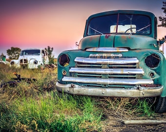 Rusty Vintage Abandoned Classic Fargo Truck Resting In A Prairie Field, Rural Canada At Sunrise - Fine Art Photography Prints, Canvas, Metal