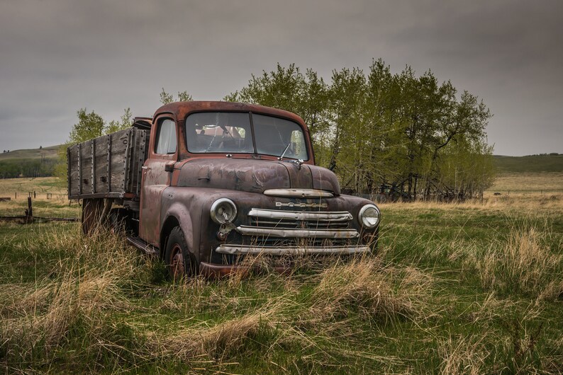 Rusty Antique Abandoned Classic Dodge Farm Truck Resting In An Overgrown Field In Rural Canada Fine Art Photography Prints, Canvas, Metal image 1