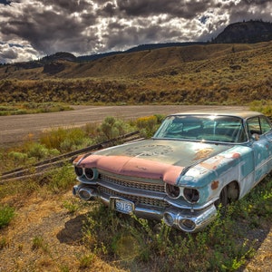 Rusty Old Vintage Classic Late 50s or Early 60s Cadillac Retired To A Lot In Rural BC, Canada - Fine Art Photography Prints, Canvas, Metal