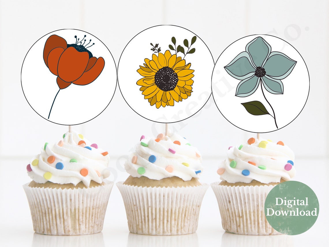 Flower Party Cupcake Toppers Flower Birthday Party Printable Etsy