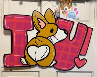 Corgi Valentine Door Hanger, Corgi Valentine Sign, Corgi Art, Dog Valentine, Dog Porch Sign, Dog Door Hanger, Corgi Wreath, Corgi Home Decor