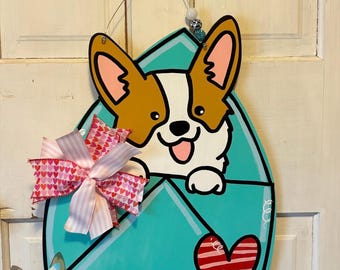 Corgi Valentine Door Hanger, Corgi Valentine Sign, Corgi Art, Dog Valentine, Dog Porch Sign, Dog Door Hanger, Corgi Wreath, Corgi Home Decor