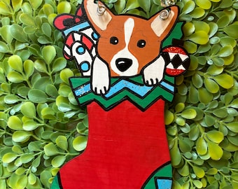 Corgi Stocking Christmas Ornament, Corgi Gift for Her, Corgi Art, Dog Christmas Ornament, Corgi Decoration, Pembroke Corgi, Cardigan Welsh