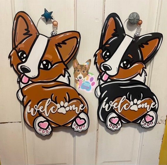 Corgi Door Hanger, Pembroke Corgi Art, Dog Door Hanger, Corgi Wreath, Corgi Decor, Dog Decor, Corgi Sign, Tri Color Pembroke, Corgi Gift
