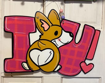 Corgi Valentine Door Hanger, Corgi Valentine Sign, Corgi Art, Dog Valentine, Dog Porch Sign, Dog Door Hanger, Corgi Wreath, Corgi Home Decor