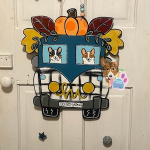 Fall Corgi Door Hanger, Personalized Dog Decor, Corgi Sign, Dog Wreath, Painted Corgi Art, Fall Porch Decor, Corgi Gift, Hippie Van Art