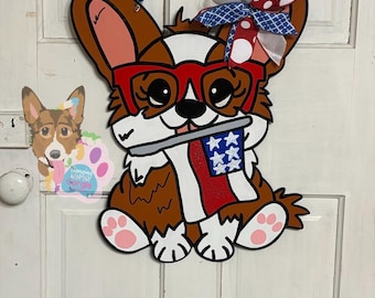 Patriotic Corgi Door Hanger, American Flag Decor