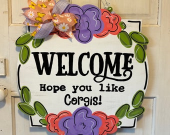 Corgi Door Hanger, Dog Front Porch Decor, Spring Corgi Sign, Corgi Home Decor, Corgi Gift, Corgi Wreath, Pembroke Corgi Art, Corgi Sign