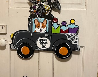 Corgi Halloween Truck Door Hanger, Corgi Art, Corgi Door Decor, Dog Halloween Sign, Corgi Fall Sign, Corgi Witch, Corgi Wreath, Corgi Gift