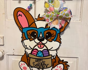 Corgi Easter Door Hanger, Corgi Wreath, Corgi Decor, Corgi Art, Pembroke Welsh Corgi, Cardigan Corgi, Dog Spring Decor, Dog Door Hanger