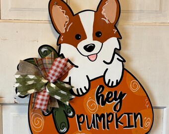Corgi Pumpkin Door Hanger, Fall Door Decor, Corgi Decor, Corgi Art, Pembroke  Welsh Corgi, Corgi Halloween, Dog Fall Decor, Dog Door Hanger