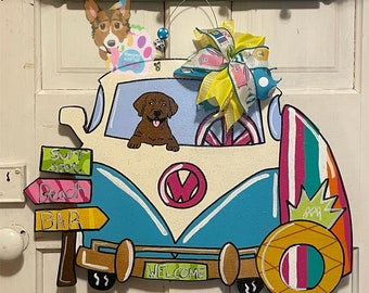 Dog Door Hanger, Camper Door Hanger, Corgi Sign, Dog Wreath, Painted Dog Art, Lab Door Hanger, Dog Gift Ideas, Hippie Van Art, Dog Beach Art