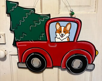 Corgi Truck Door Hanger, Corgi Christmas Decor, Corgi Holiday, Corgi Porch Sign, Corgi Christmas Wreath, Corgi Christmas Gift, Corgi Art